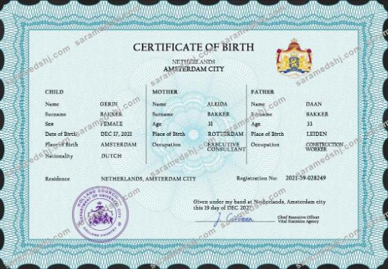 Netherlands vital record birth certificate PSD template